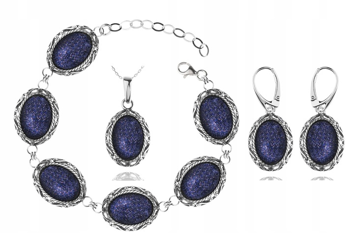 SREBRNE POSTARZANE KOLCZYKI Z NOCĄ KAIRU W KORONKOWEJ OPRAWIE ANGIELSKIE