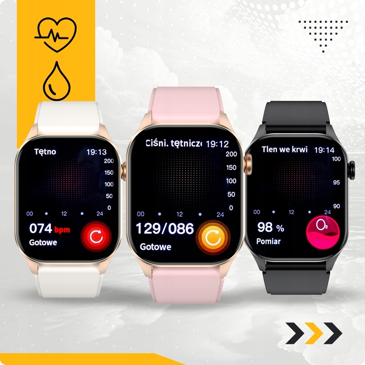SMARTWATCH DAMSKI POMIAR GLUKOZY CIŚNIENIE KROKI MENU PL ROZMOWY 2 PASKI