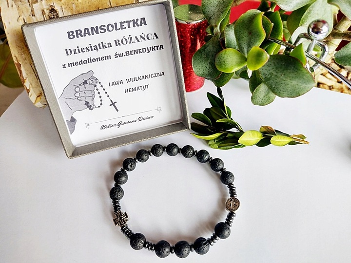 Bransoletka męska RÓŻANIEC na rękę LAWA WULKANICZNA św.Benedykt 174L