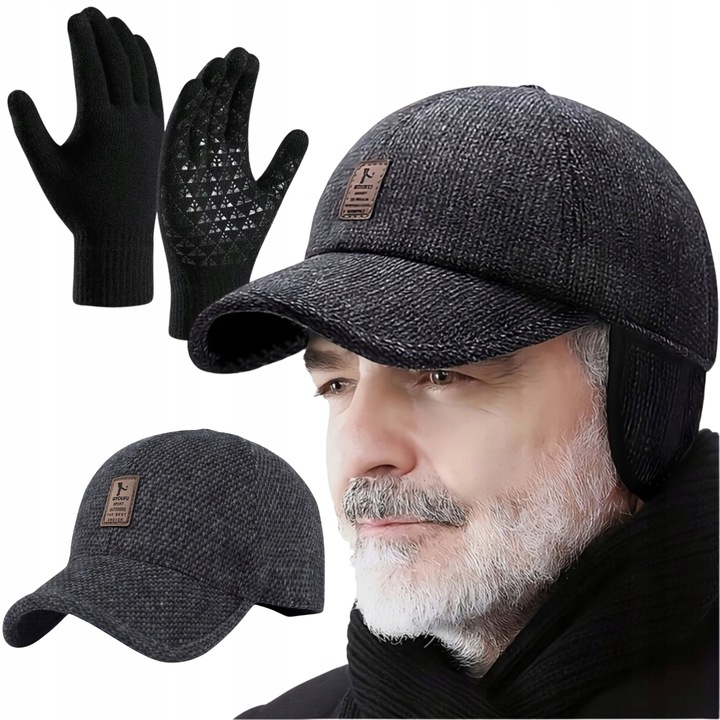 ZIMOWA CZAPKA Z DASZKIEM CHOWANE NAUSZNIKI CIEPŁA RĘKAWICZKI ZESTAW NA ZIMĘ