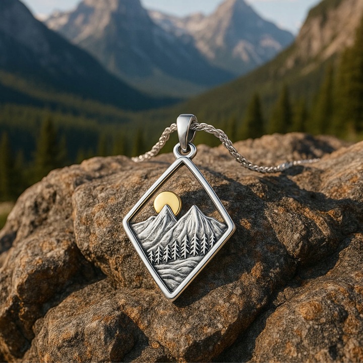 Srebrny Naszyjnik 925 z Górami Tatrami Polskie Góry Tatry Drzewa Słońce