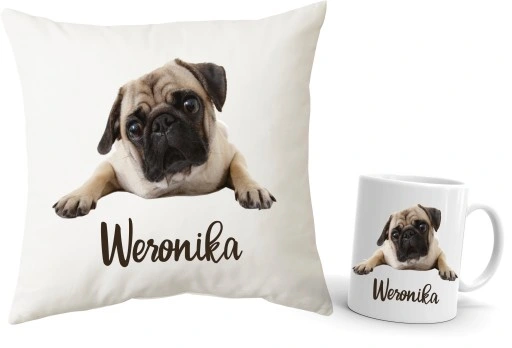 Zestaw Poduszka + Kubek z MOPSEM + Twoje IMIĘ