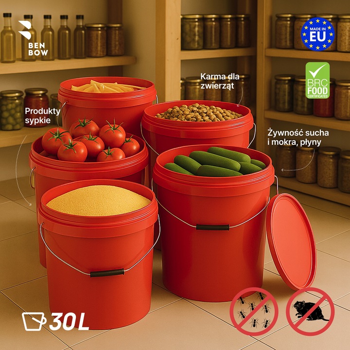 Wiadro na żywność 30L Czerwone z rączką i pokrywą