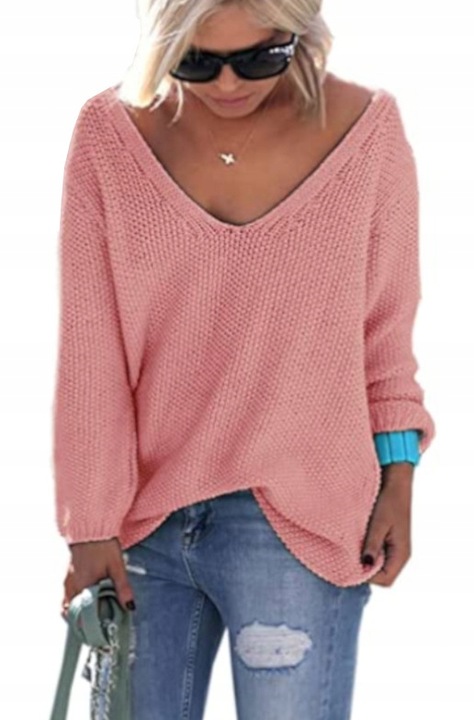 Mikos Luźny Sweter damski w serek z dekoltem V 617