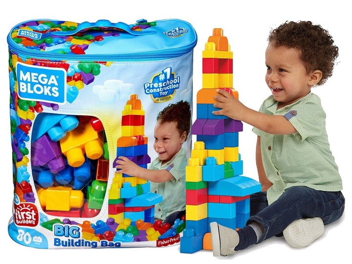 MEGA BLOKS KLOCKI 80 elementów ,duże klocki w torbie DCH63 dla dzieci +12m