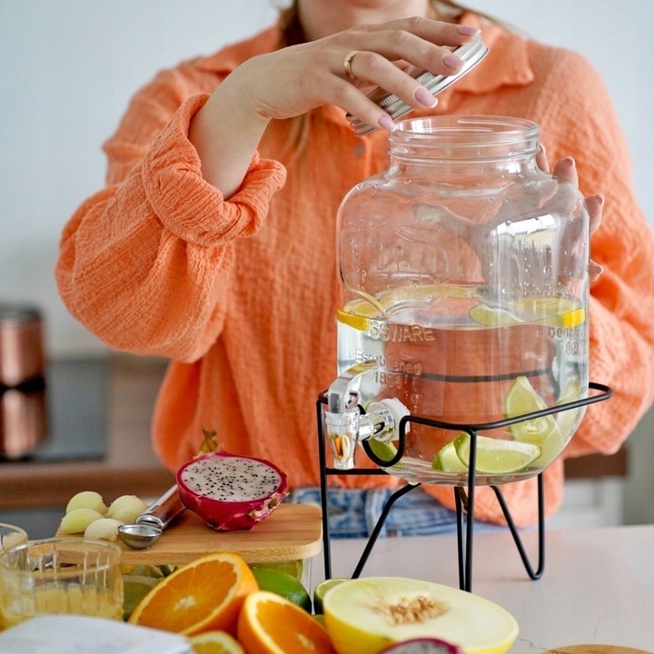 SZKLANY SŁOIK Z KRANIKIEM stojak na lemoniadę napoje soki piknik przyjęcie