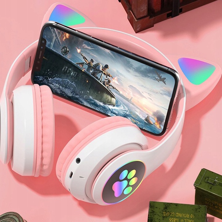 SŁUCHAWKI BEZPRZEWODOWE Z MIKROFONEM KOLOROWE KOCIE USZY LED DLA DZIECI