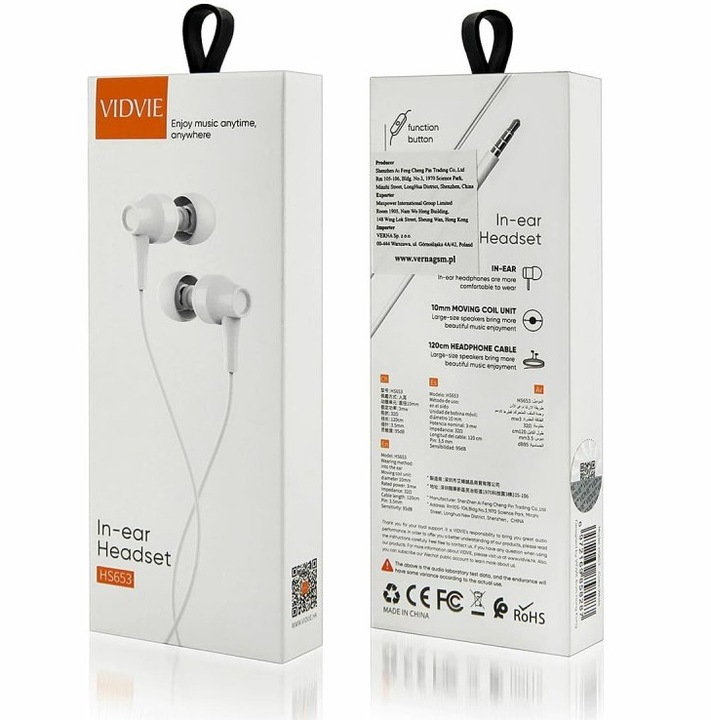 VIDVIE Przewodowe Słuchawki Wbudowany Mikrofon Przyciski 3.5mm BIAŁE