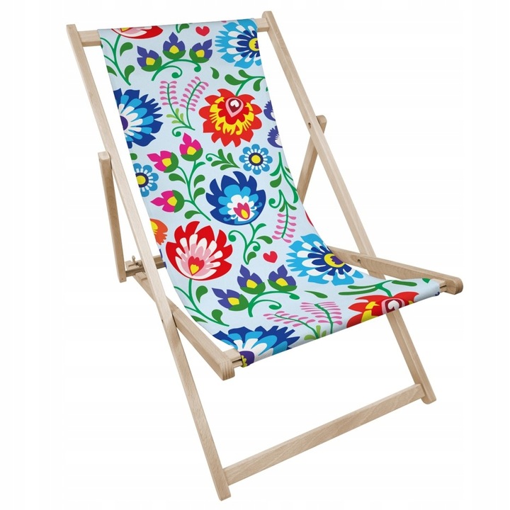 Leżak OGRODOWY DRAWNIANY JASNY z nadrukiem FOLK na PLAŻĘ TARAS BALKON