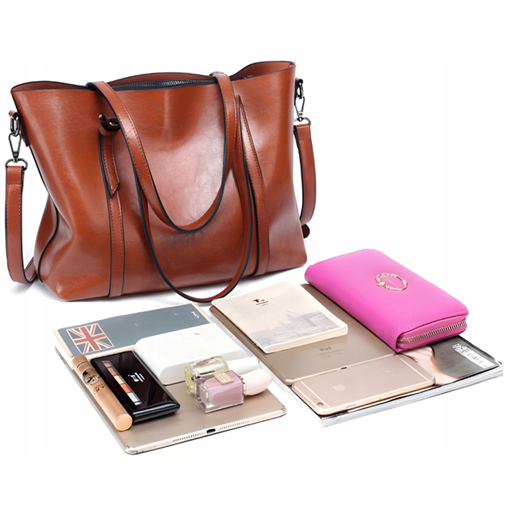 POJEMNA DAMSKA TORBA TOREBKA EKO-SKÓRZANA NA RAMIĘ BRĄZOWA POJEMNA+PASEK