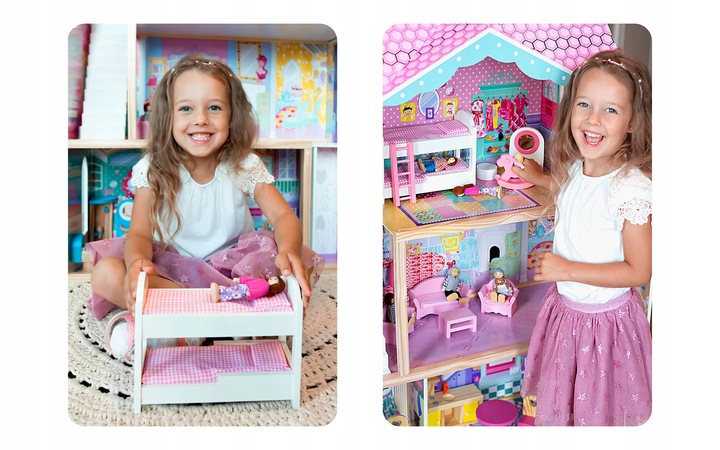 XXL DUŻY DREWNIANY RÓŻOWY DOMEK DLA LALEK MEBLE WINDA AKCESORIA LED