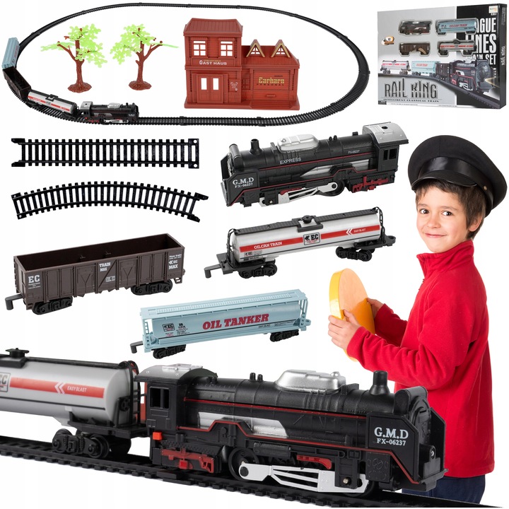 POCIĄG KOLEJKA ELEKTRYCZNA TORY LOKOMOTYWA 3 WAGONY 270CM DŁUGOŚCI STACJA