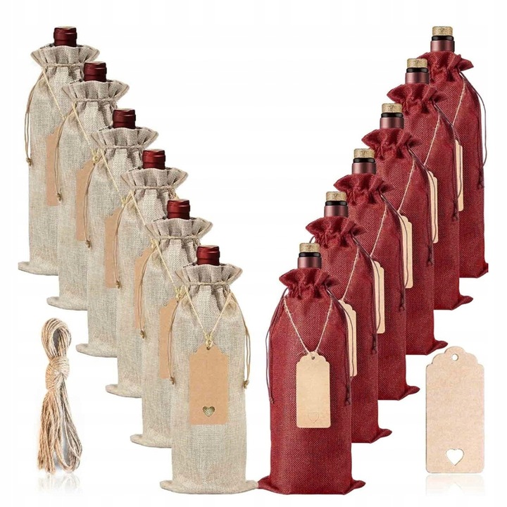 12X WORKI JUTOWE TOREBKI NA WINO POKROWCE NA BUTELKI WINA ZE SZNURKAMI TAGI