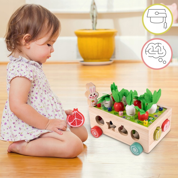 Układanka Montessori Sorter Klocków Złap Robaczka Drewniany Wózek Marchewki