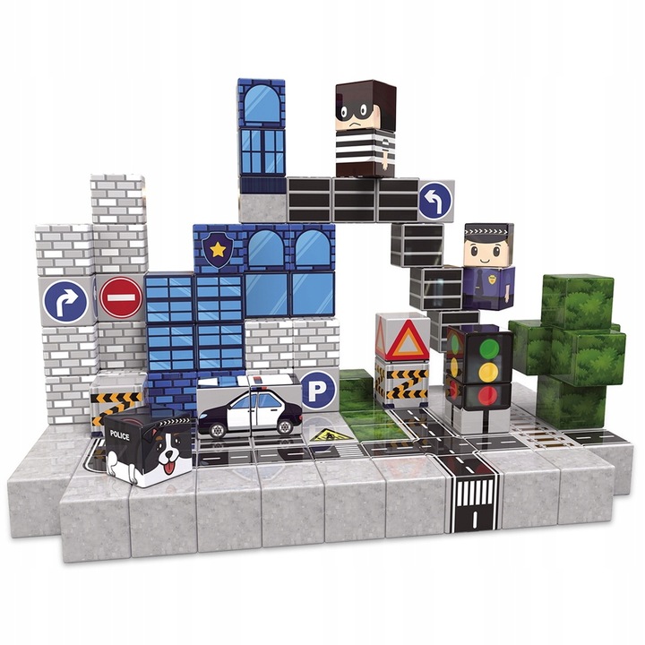 KLOCKI MAGNETYCZNE 2,5cm kostki piksele zestaw POLICJA miasto 110 elementów