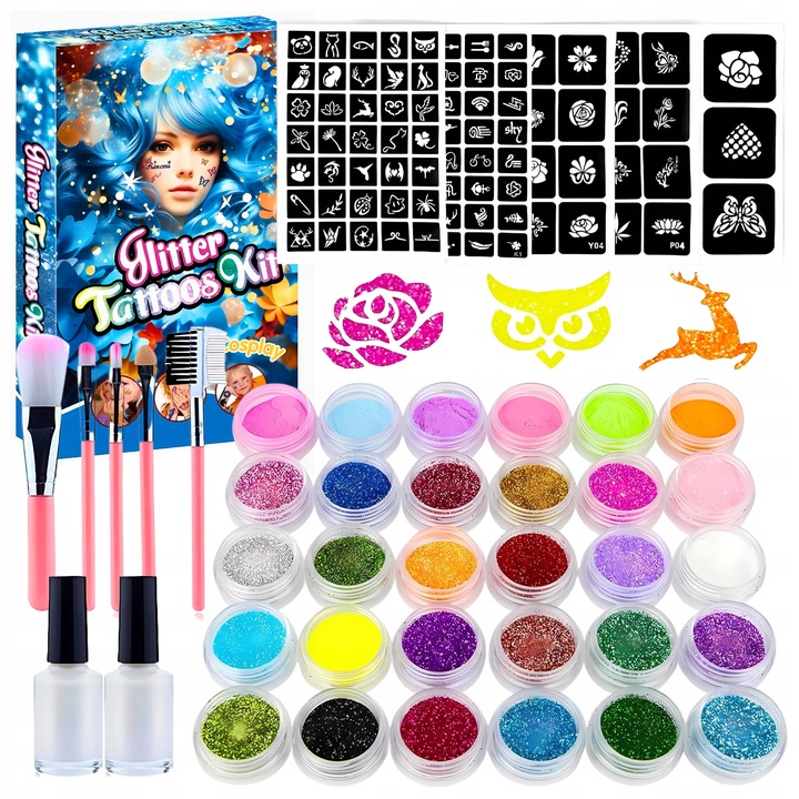 ZESTAW DO ROBIENIA TATUAŻY BROKATOWYCH SZABLONY ZMYWALNE BROKATY DLA DZIECI