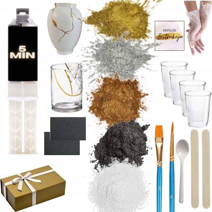 ZESTAW DO TECHNIKI KINTSUGI NAPRAWA CERAMIKI ZESTAW DIY KLEJ ZŁOTY 5min