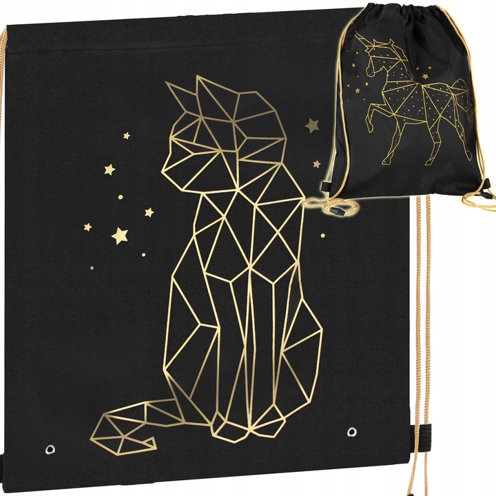 TORNISTER SZKOLNY PLECAK DLA DZIEWCZYNKI KOTEK CZARNY ZŁOTY WOREK PIÓRNIK