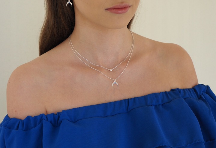 Srebrny podwójny naszyjnik księżyc szafir + pudełk