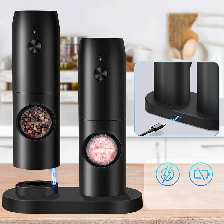 USB ŁADOWANIE ELEKTRYCZNY MŁYNKÓW DO SOLI I PIEPRZU, 2X MŁYNEK DO PRZYPRAW