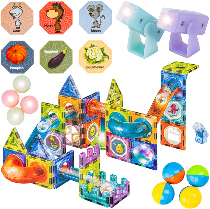 KLOCKI MAGNETYCZNE KONSTRUKCYJNE LABIRYNT UKŁADANKA ŚWIECĄCY TOR 75 el