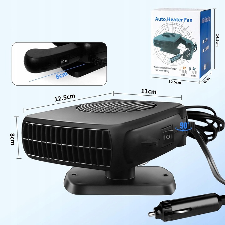 ODMRAŻACZ SZYBY 12V, 150W WENTYLATOR SAMOCHODOWY, PODGRZEWACZ SAMOCHODOWY