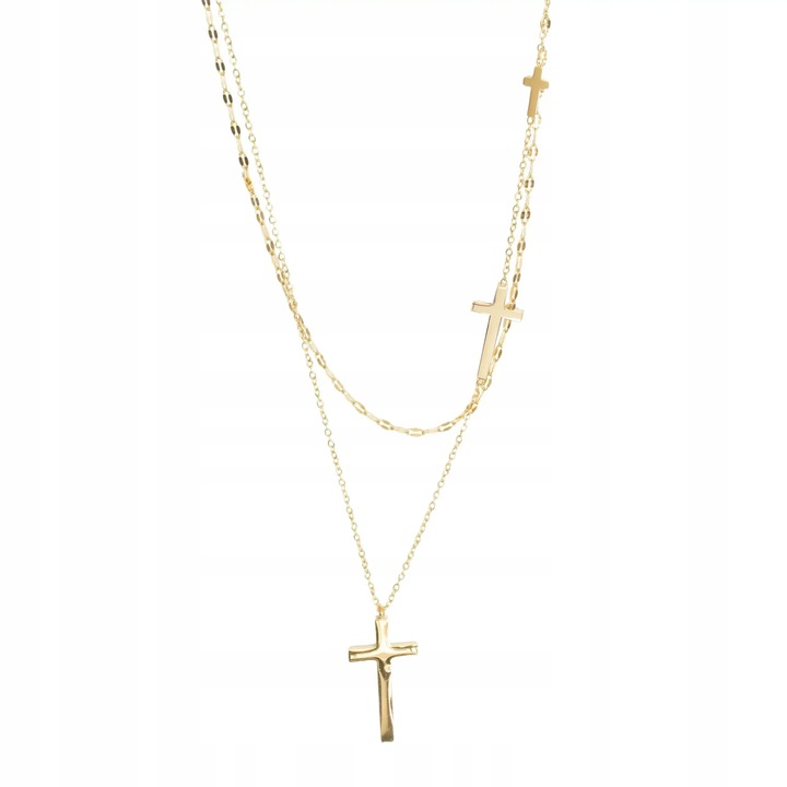 Pozłacany Naszyjnik Damski ze Stali Szlachetnej Wielowarstwowy z Krzyżykami