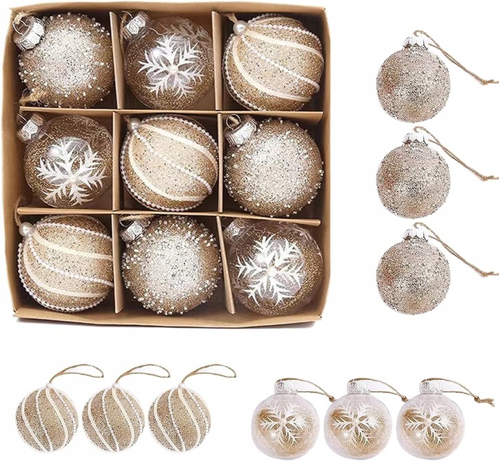 BOMBKI CHOINKOWE KULE ZESTAW 9 szt 8cm BOHO ZŁOTE