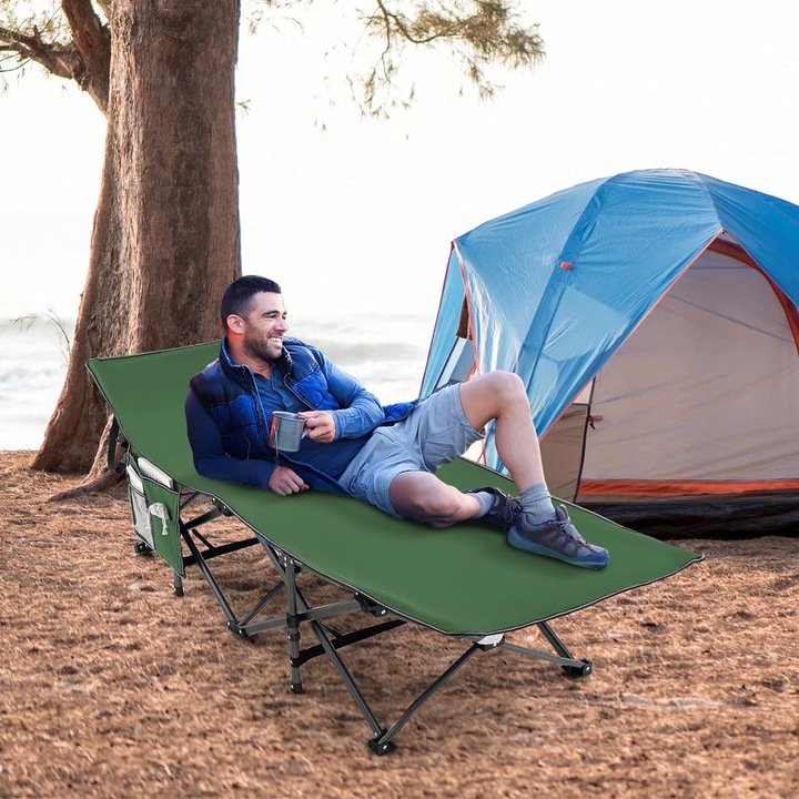 Łóżko polowe składane z ściętym zagłówkiem i kieszenią zielone