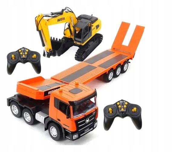 OGROMNA CIĘŻARÓWKA Z PRZYCZEPĄ SAMOCHÓD LAWETA KOPARKA RC 2x PILOT 1319