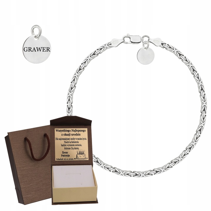 SREBRNA PEŁNA BRANSOLETKA MĘSKA SPLOT KRÓLEWSKI PR. 925 + GRAWER GRATIS