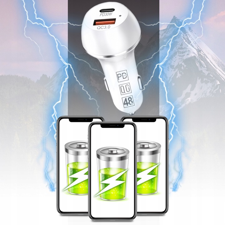 MOCNA SZYBKA 3x ŁADOWARKA SAMOCHODOWA 48W USB USB-C TYP-C PD 30W QC 3.0