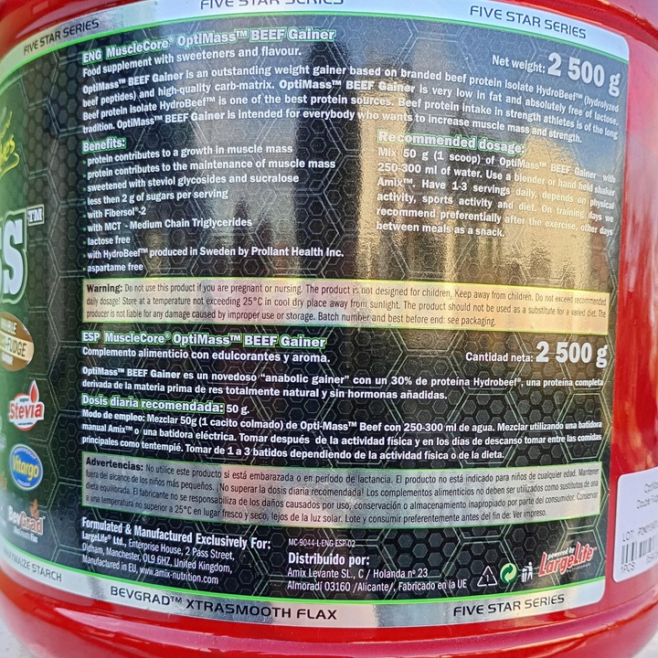 Gainer bez Cukru 5kg OptiMass Beef BCAA Glutamina Węglowodany Beef Protein