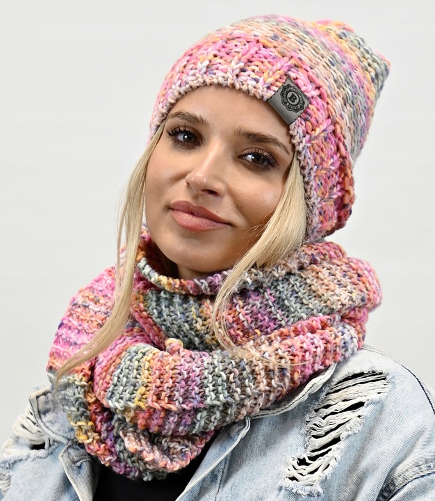 Zimowy Komplet Kolorowy Gruby Czapka Szal Wz1
