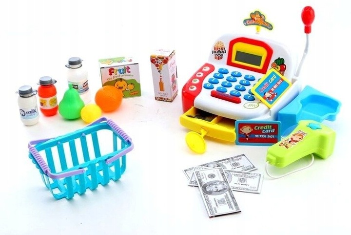 DUŻA Interaktywna Kasa Sklepowa Koszyk Produkty SKANER MIKROFON BILON KARTY