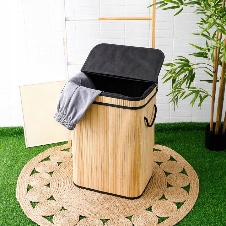 KOSZ NA PRANIE BIELIZNĘ UBRANIA POJEMNIK BAMBUSOWY Z POKRYWĄ DUŻY 72L KUFER