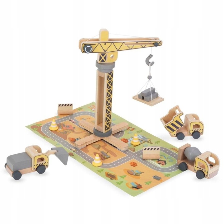 Drewniany Plac Budowy Z Dużym Ruchomym Dźwigiem i Pojazdami Żuraw Wieżowy