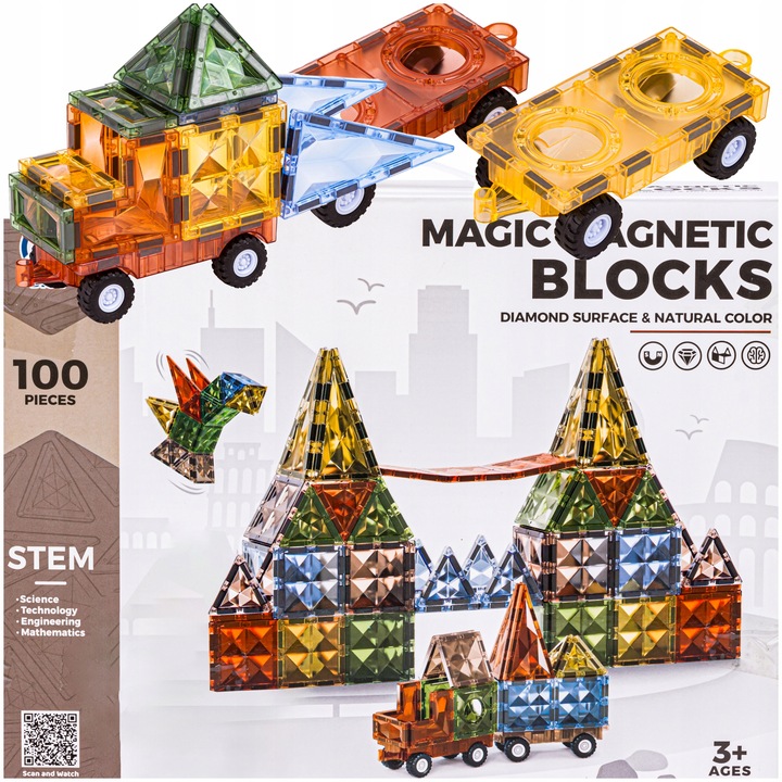 Klocki Magnetyczne Konstrukcyjne Panele Magnetic TILES Pojazdy Figury 100