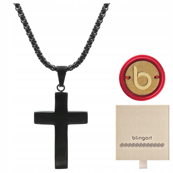 Naszyjnik z krzyżem męski stal chirurgiczna czarny splot grawer BLINGART