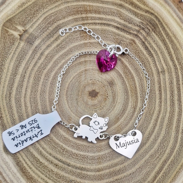 BRANSOLETKA SREBRNA KOTEK I SERCE Z GRAWEREM KR. SWAROVSKI SREBRO 925