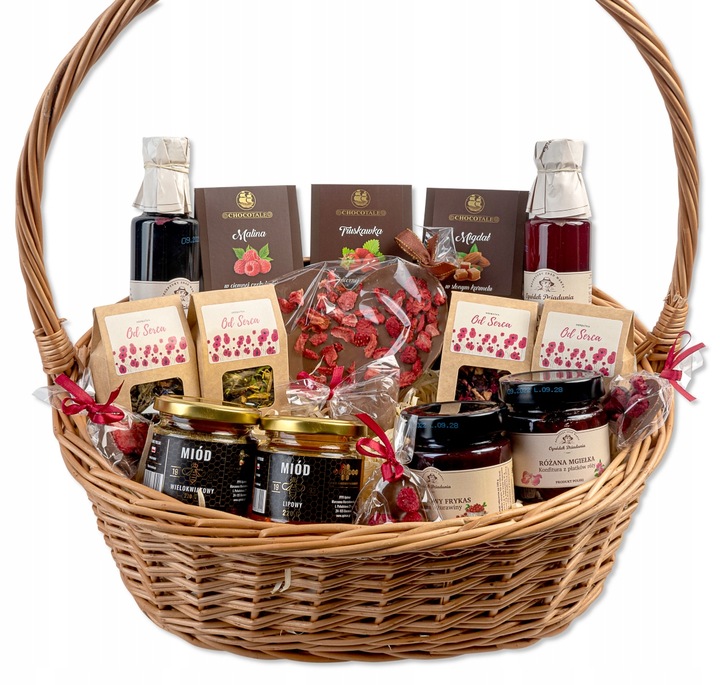 KOSZ PREZENTOWY DUŻY WIKLINOWY ZESTAW HERBAT SŁODYCZE SYROPY NA URODZINY