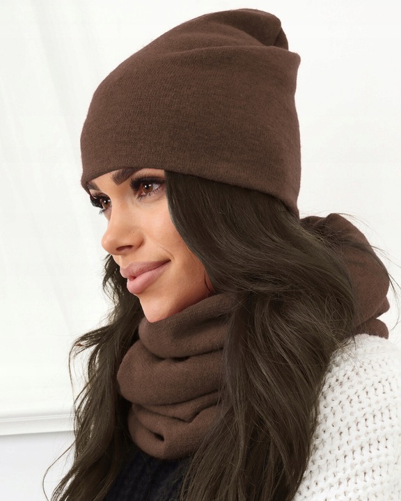 KOMPLET DAMSKI KOBIECY ZIMOWY MODNY CZAPKA KOMIN POLSKI CZEKOLADOWY 2468
