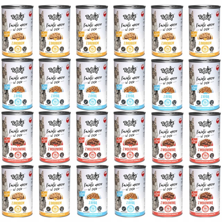 MOKRA KARMA DLA KOTA 75% MIĘSA 24x 415g. KAWAŁKI W SOSIE TUF TUF MIX 9,96kg