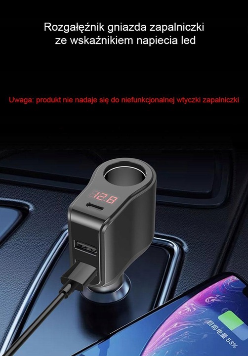 Ładowarka samochodowa z szybkim ładowaniem - 45W i Woltomierzem