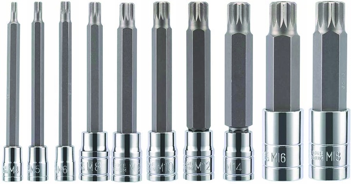 ZESTAW NASADEK SPLINE 1/4 3/8 1/2 M4-M18 XZN 10 ELEMENTÓW WPUSTOWE DŁUGIE