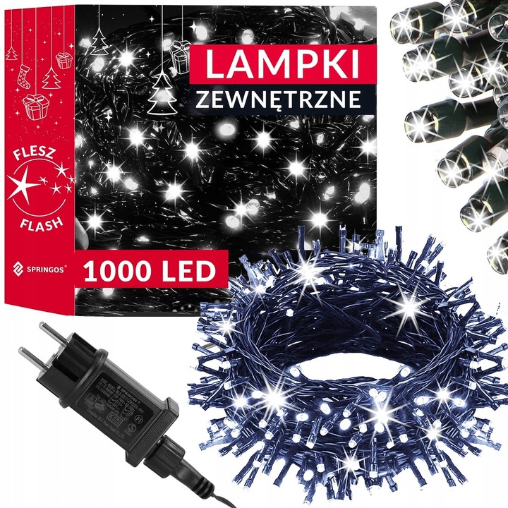 LAMPKI CHOINKOWE 1000LED ZEWNĘTRZNE KURTYNA ŚWIETLNA IP44 BIAŁE ZIMNE FLASH