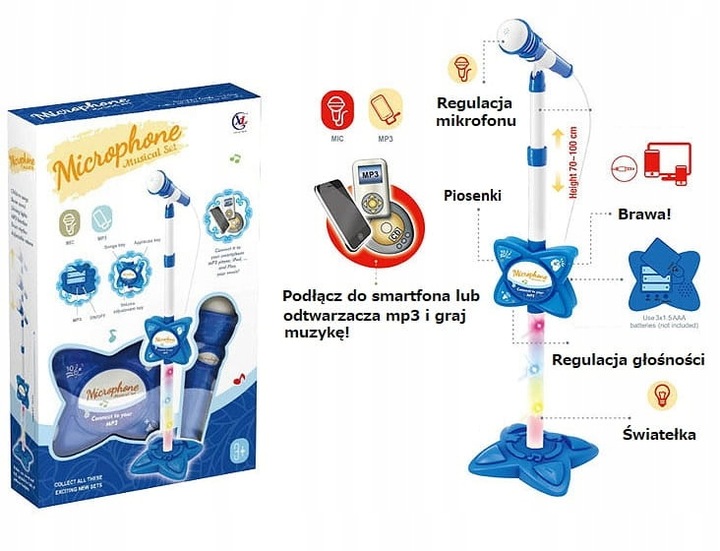 MIKROFON NA STATYWIE MP3 ŚWIATŁO DŹWIĘK KARAOKE