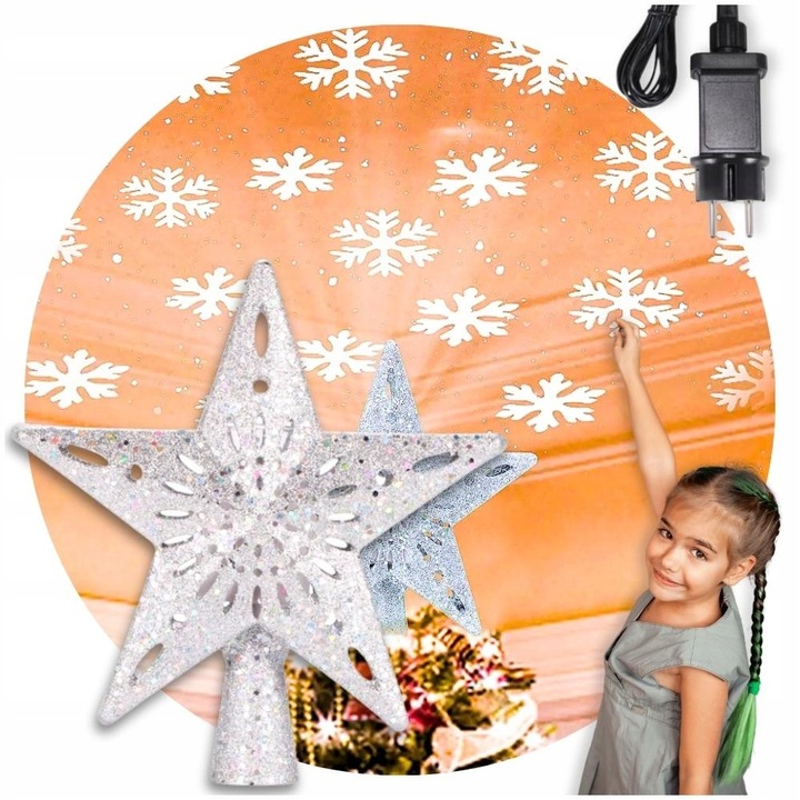 ŚWIECĄCA GWIAZDA OZDOBA NA CHOINKĘ LED Z PROJEKTOREM CZUBEK SREBRNA NA PRĄD