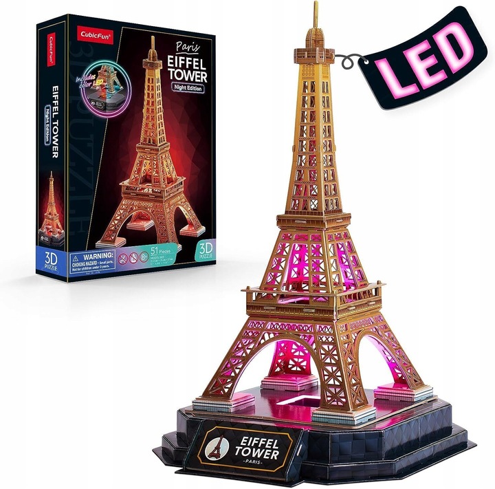 PUZZLE 3D LED - CUBIC FUN - 51 el. wersja nocna PARYŻ - WIEŻA EIFFLA