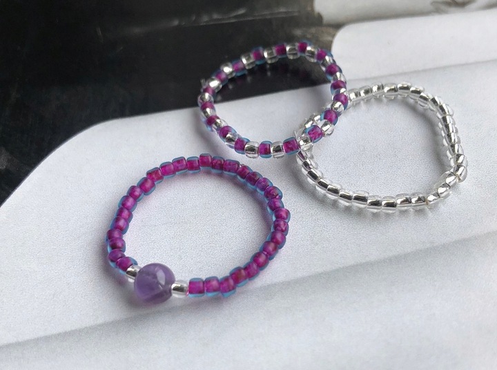 AMETYST PIERŚCIONKI Z KORALIKÓW ZESTAW 3 SZTUKI KORALIKI SREBRNE